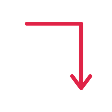 A elbow directional arrow pointing south with an open arrowhead.