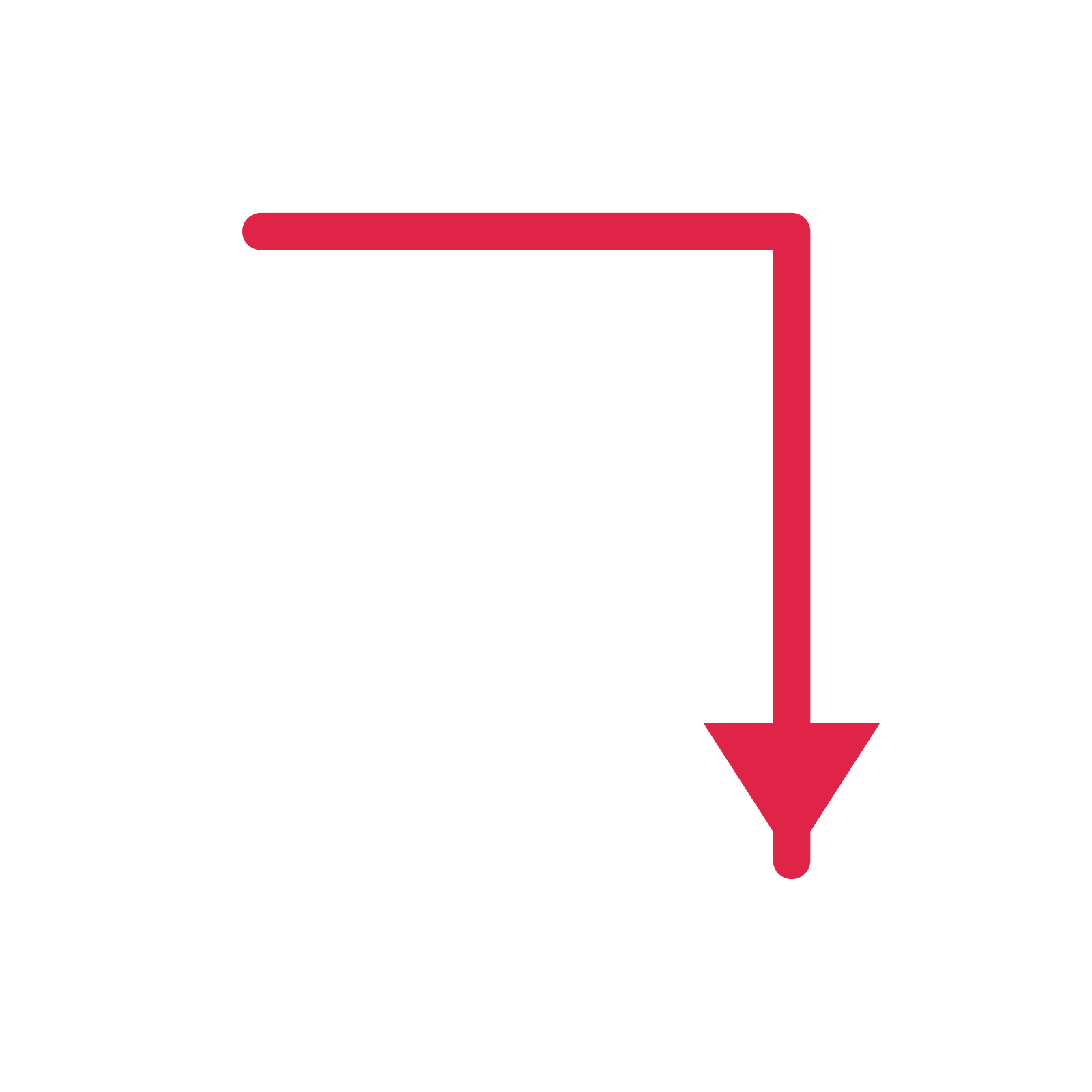 A elbow directional arrow pointing south with a solid arrowhead.
