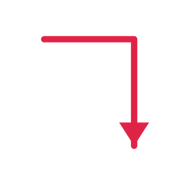 A elbow directional arrow pointing south with a solid arrowhead.