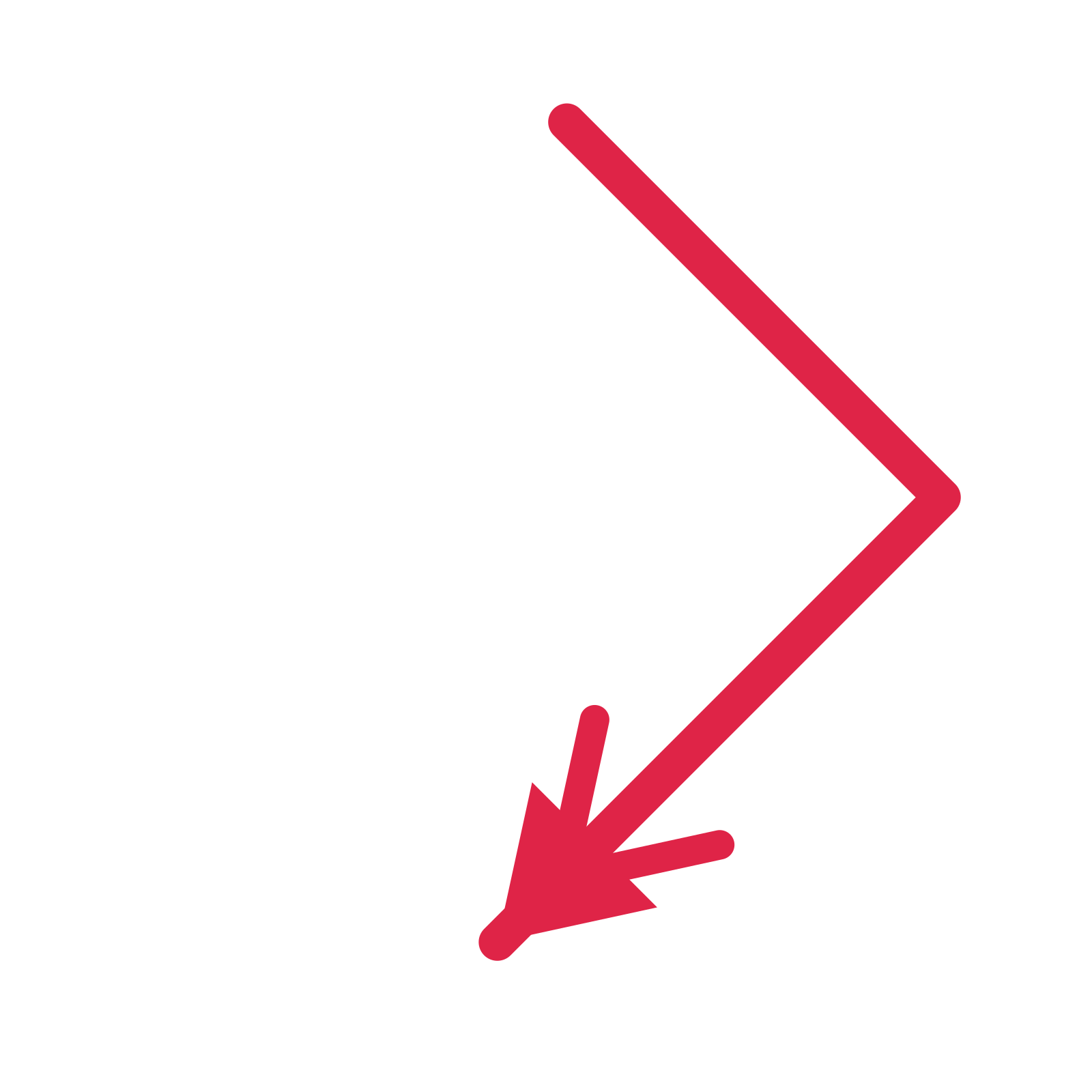 A elbow directional arrow pointing south west with a double arrowhead.