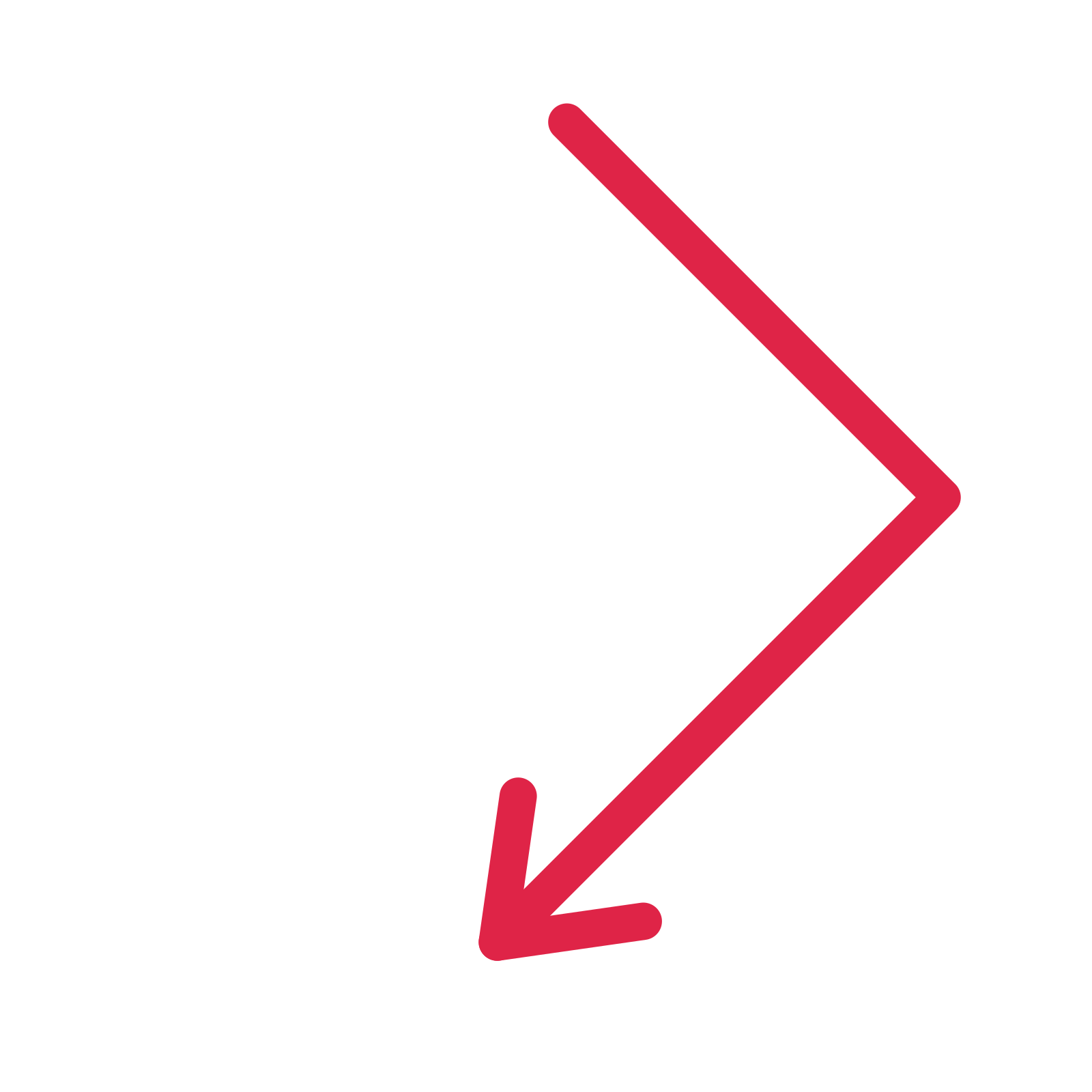 A elbow directional arrow pointing south west with an open arrowhead.