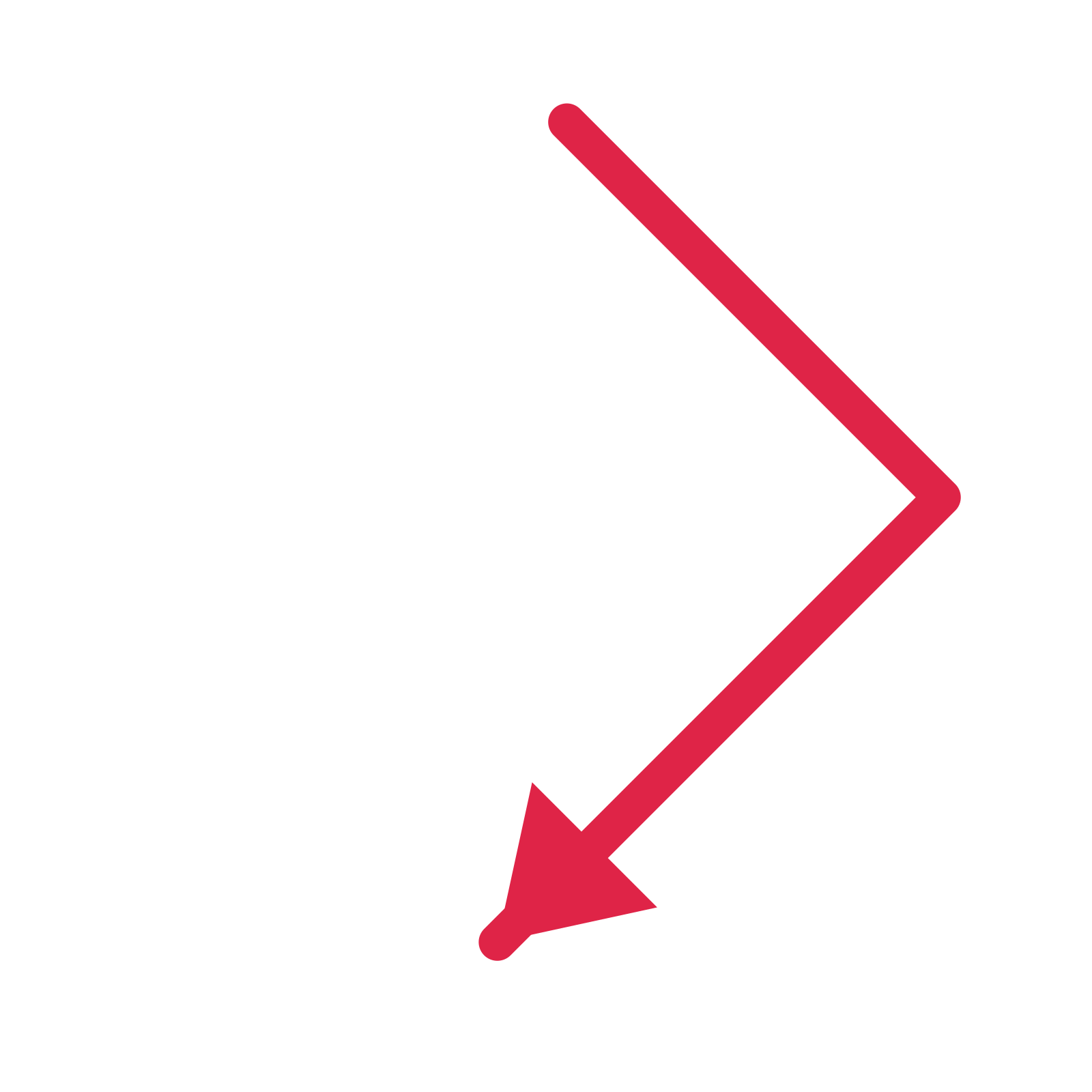A elbow directional arrow pointing south west with a solid arrowhead.