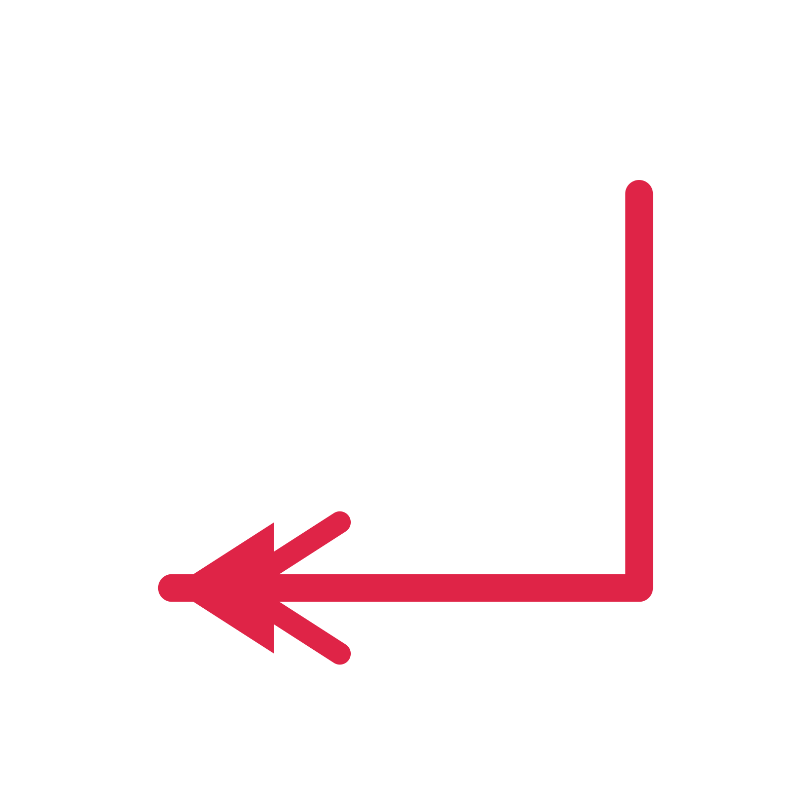 A elbow directional arrow pointing west with a double arrowhead.