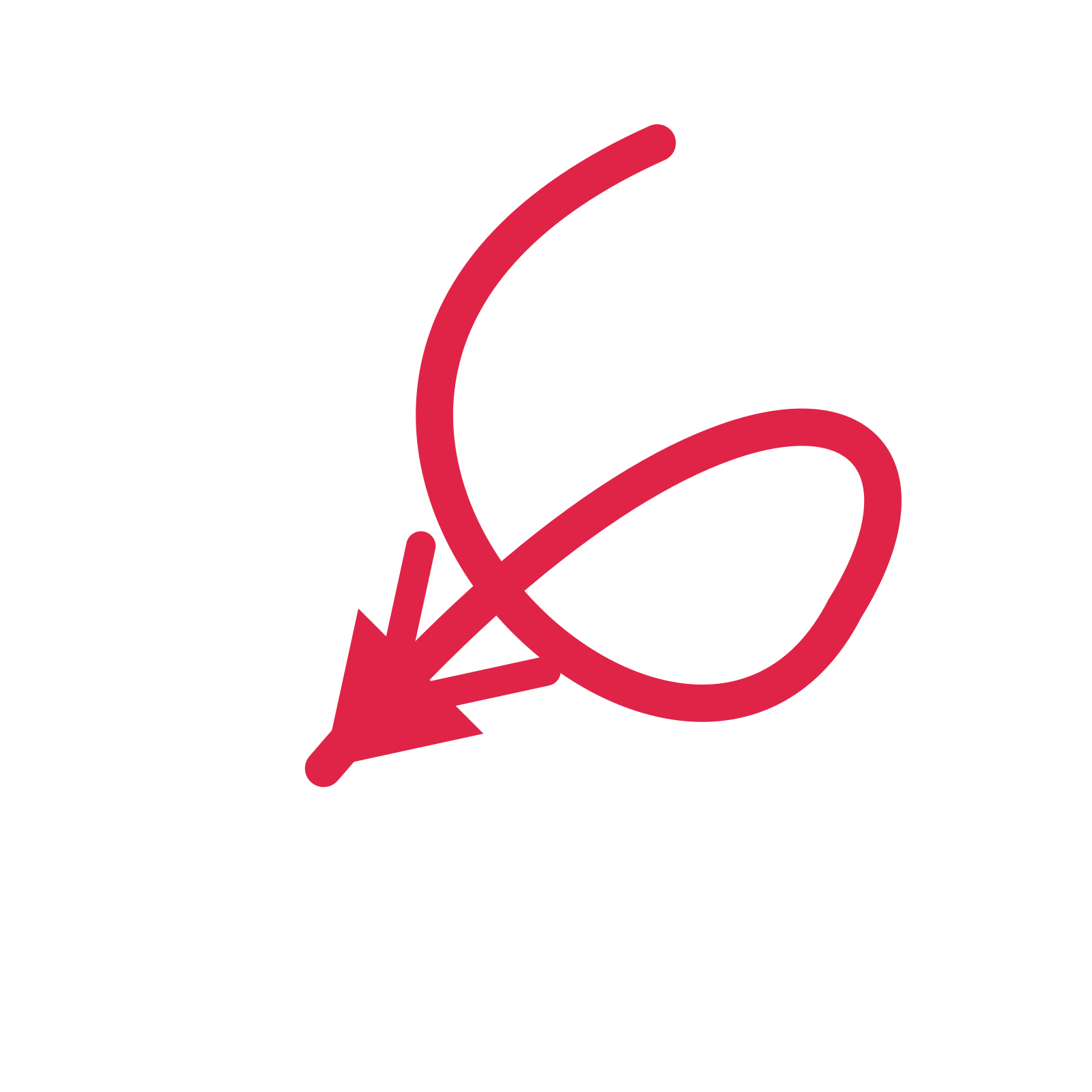A loop directional arrow pointing south west with a double arrowhead.