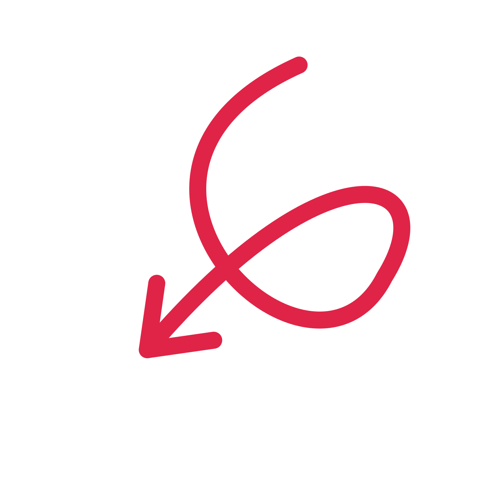 A loop directional arrow pointing south west with an open arrowhead.