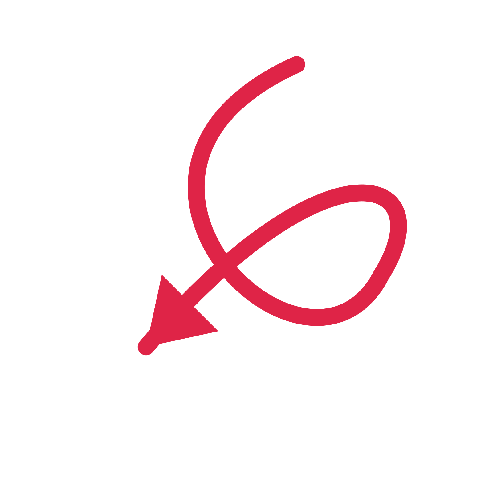 A loop directional arrow pointing south west with a solid arrowhead.