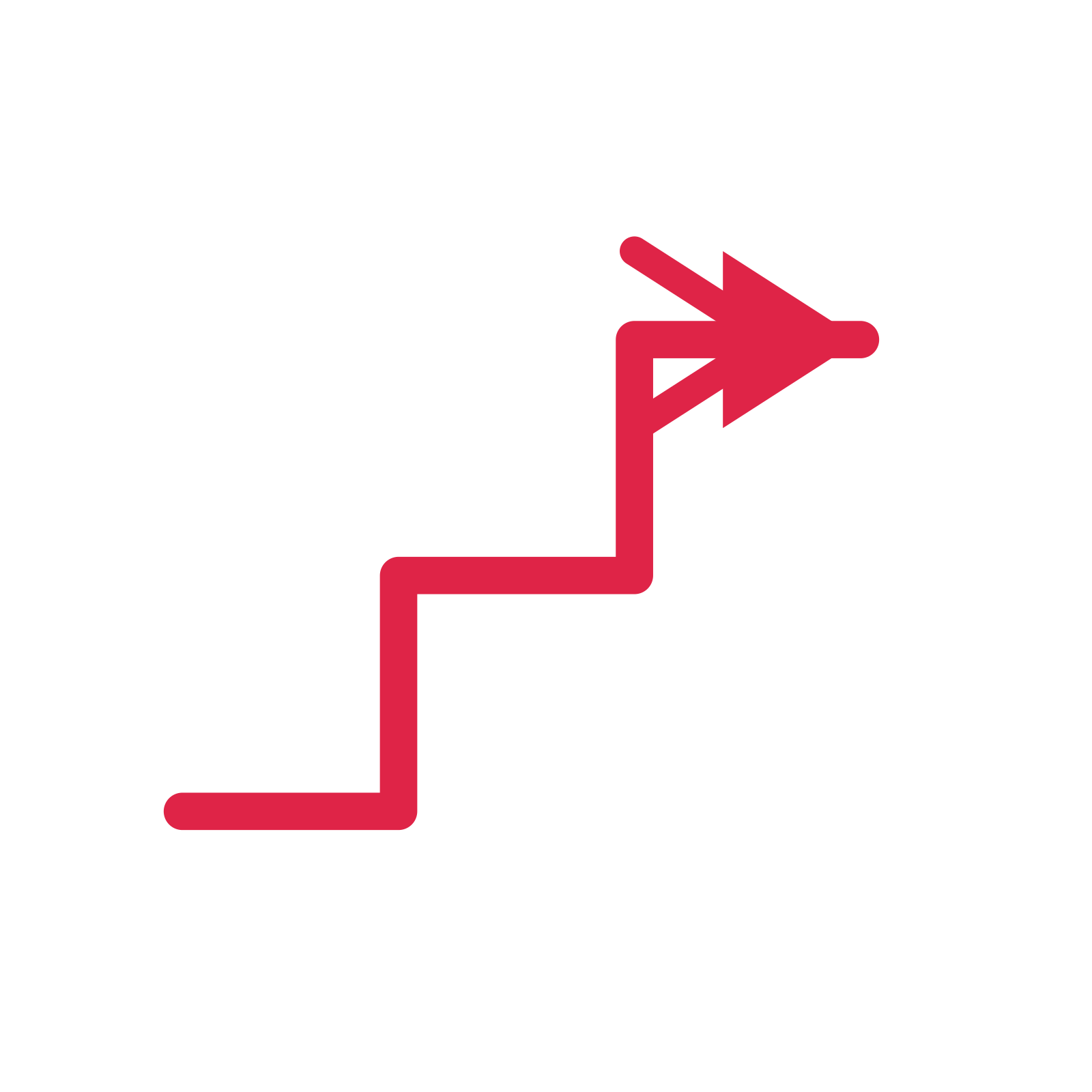 A step directional arrow pointing east with a double arrowhead.