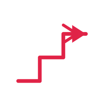 A step directional arrow pointing east with a double arrowhead.