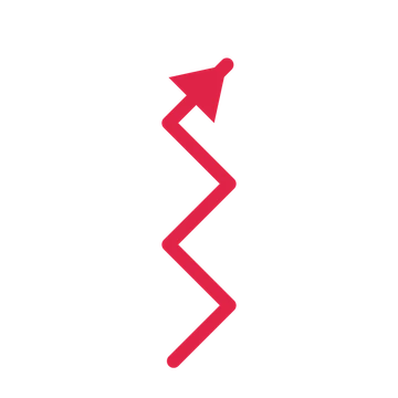 A step directional arrow pointing north east with a solid arrowhead.
