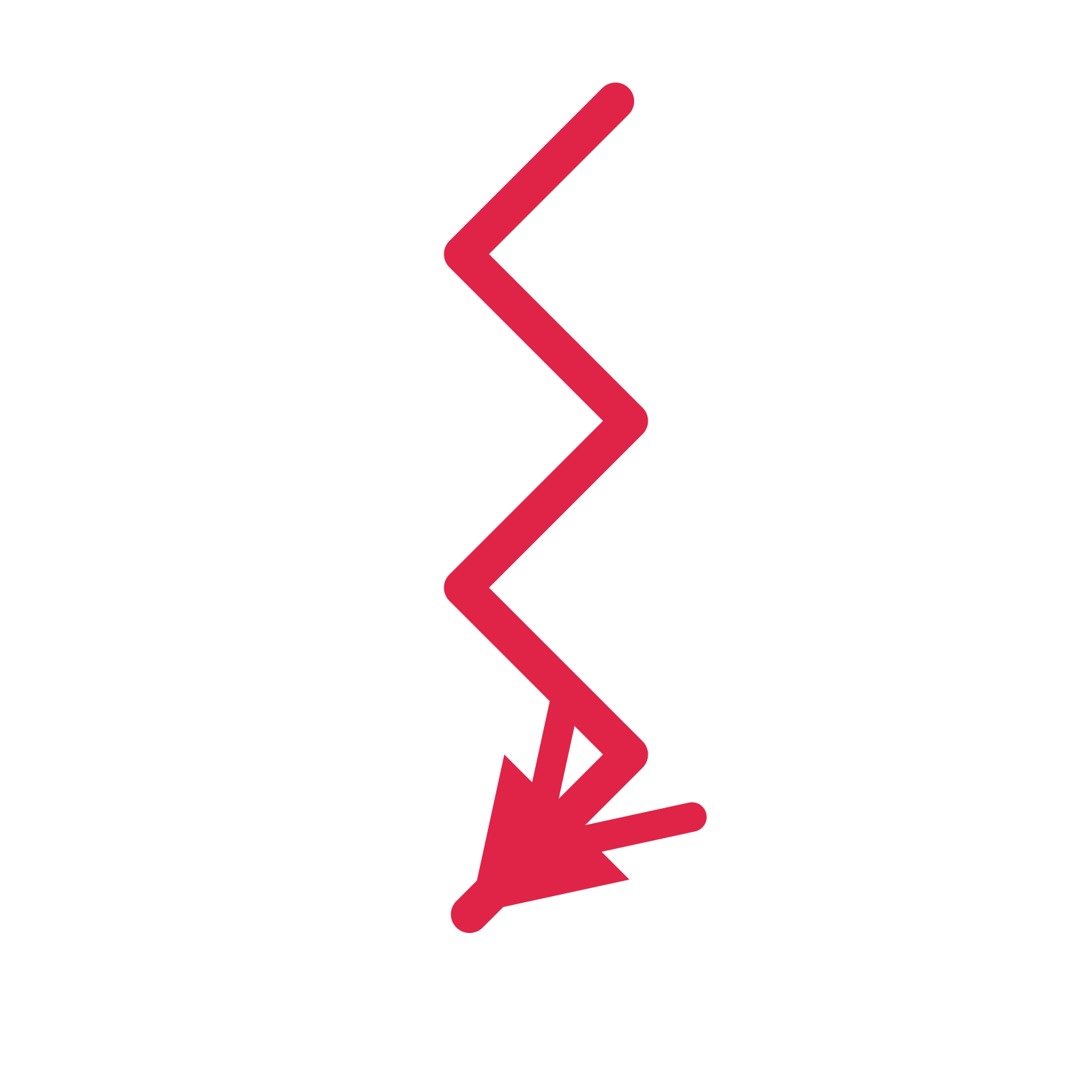 A step directional arrow pointing south west with a double arrowhead.