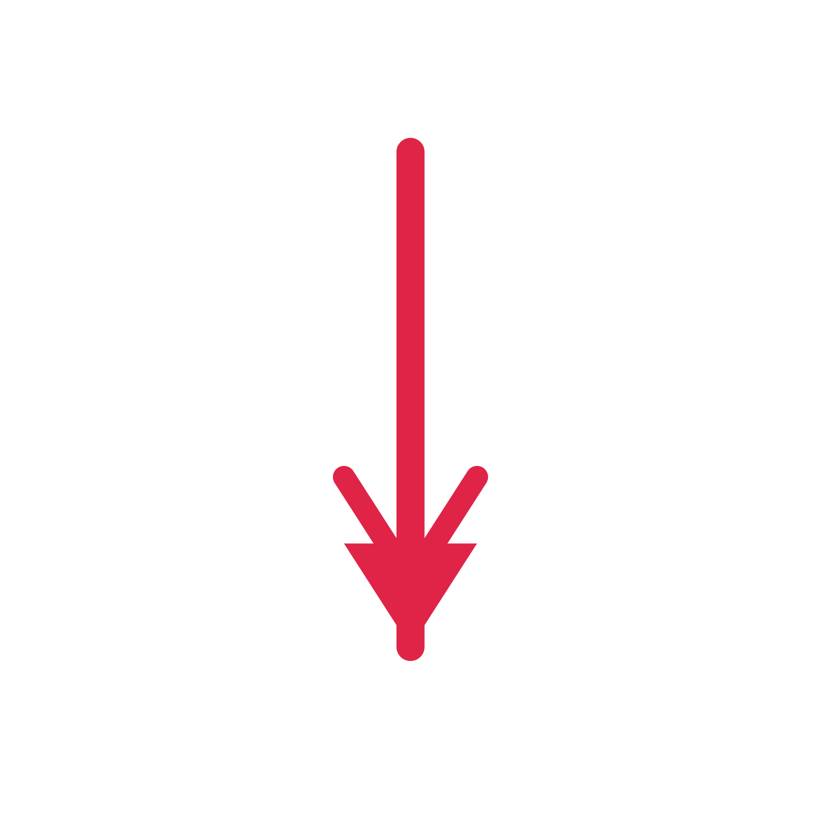 A straight directional arrow pointing south with a double arrowhead.