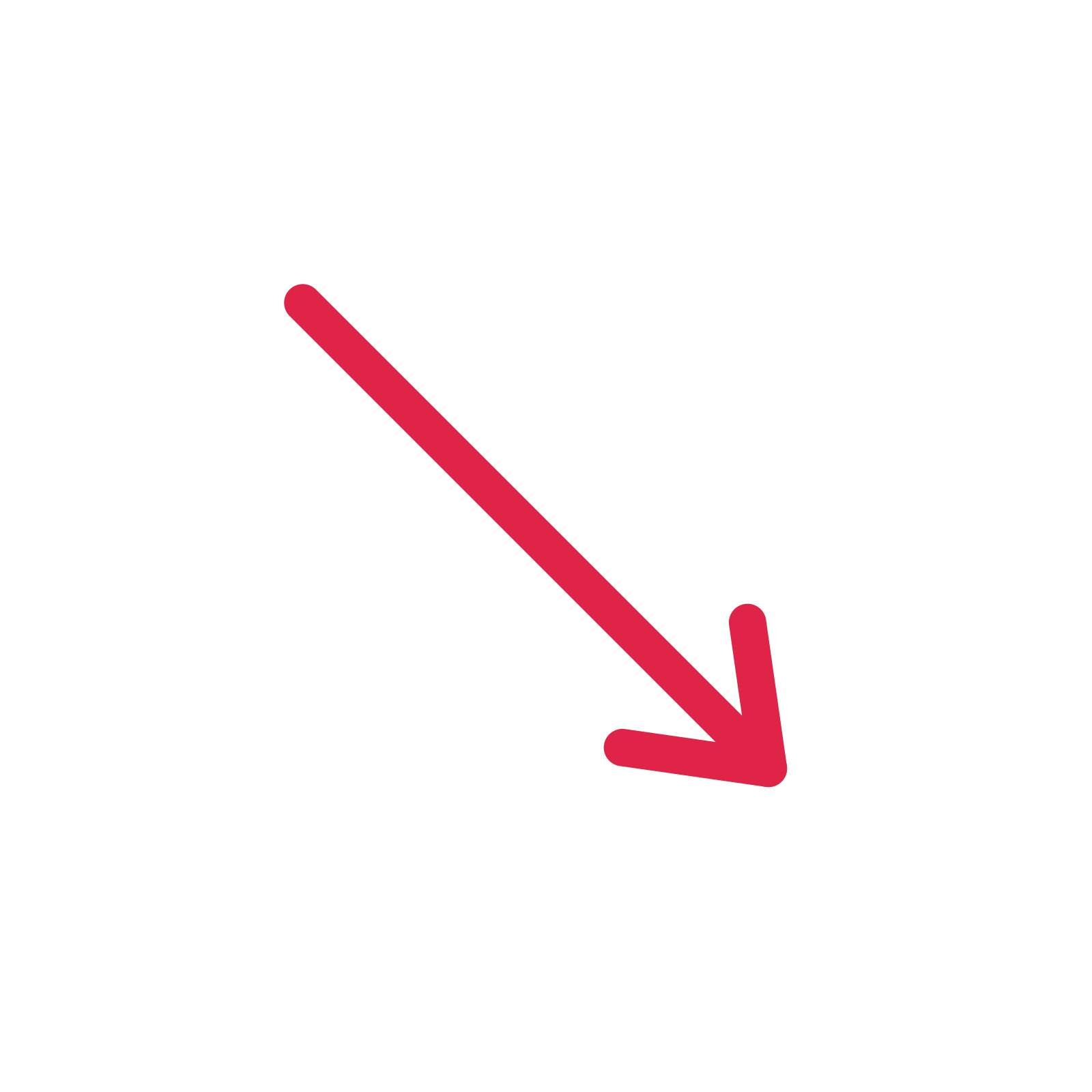 A straight directional arrow pointing south east with an open arrowhead.