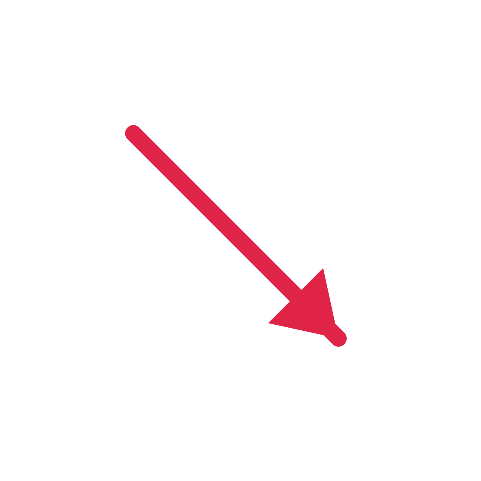 A straight directional arrow pointing south east with a solid arrowhead.