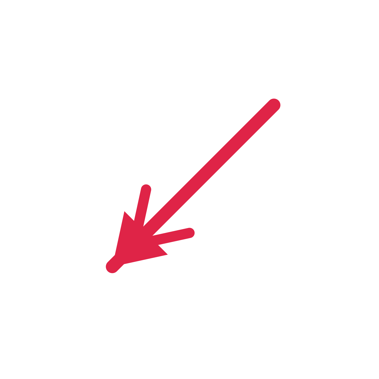 A straight directional arrow pointing south west with a double arrowhead.