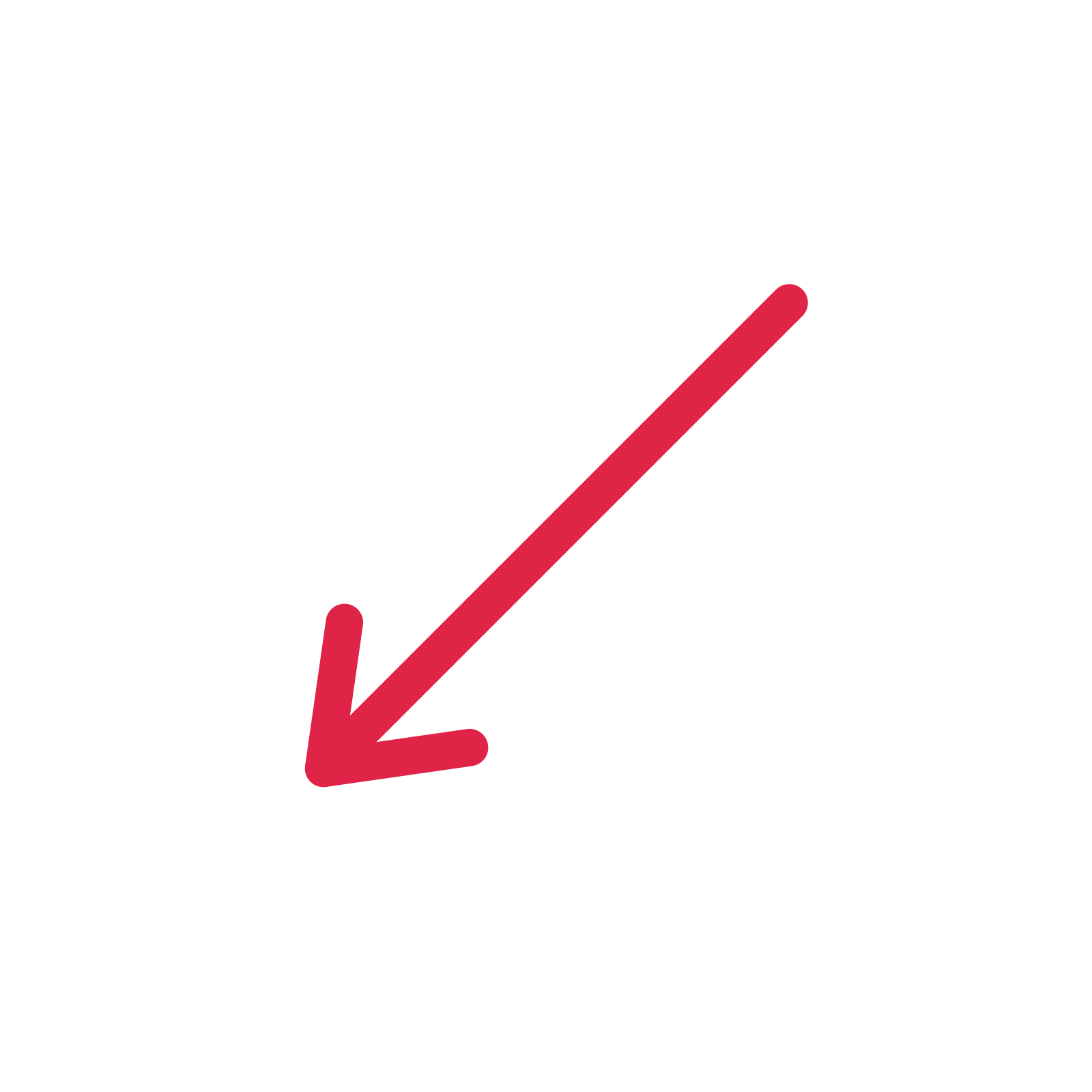 A straight directional arrow pointing south west with an open arrowhead.