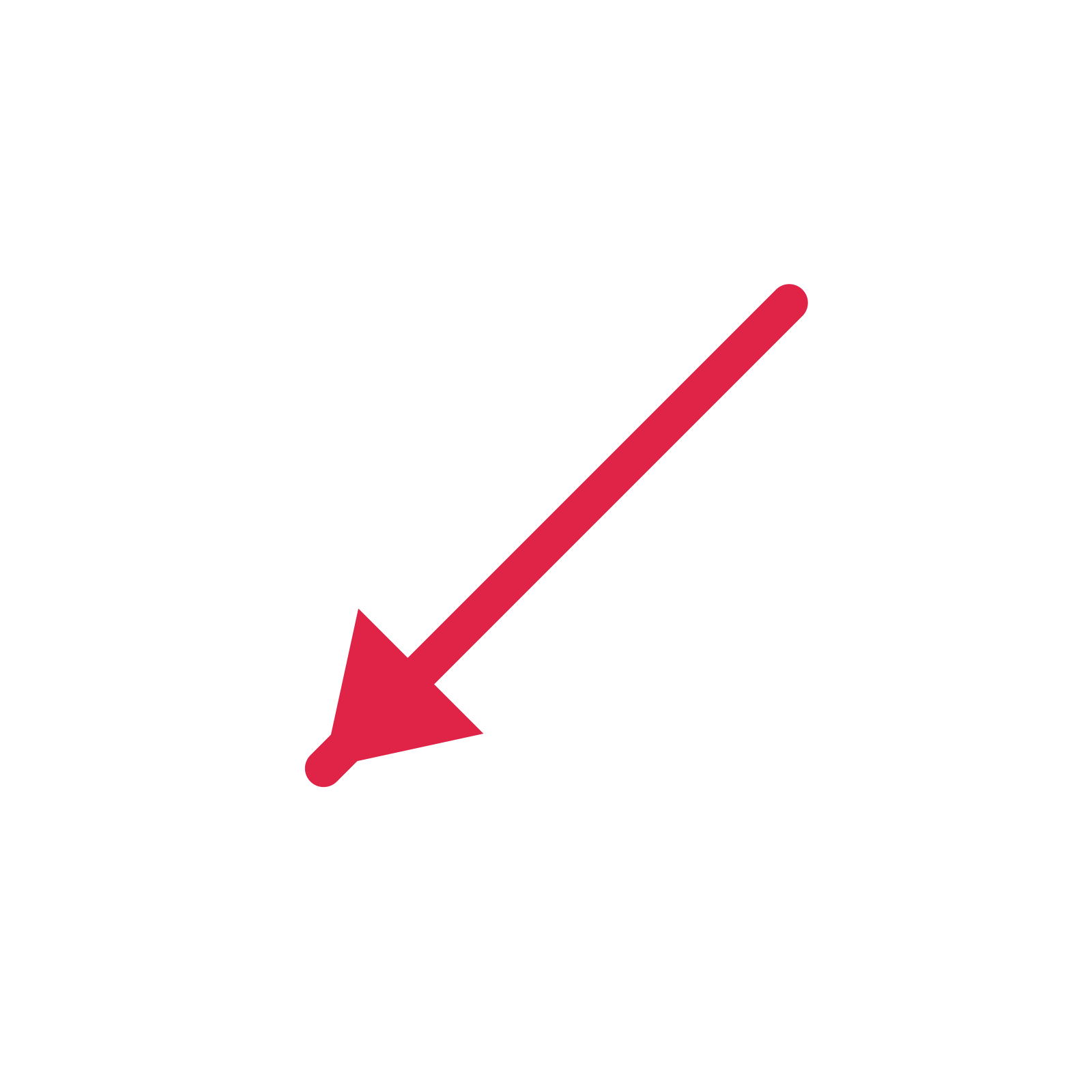 A straight directional arrow pointing south west with a solid arrowhead.