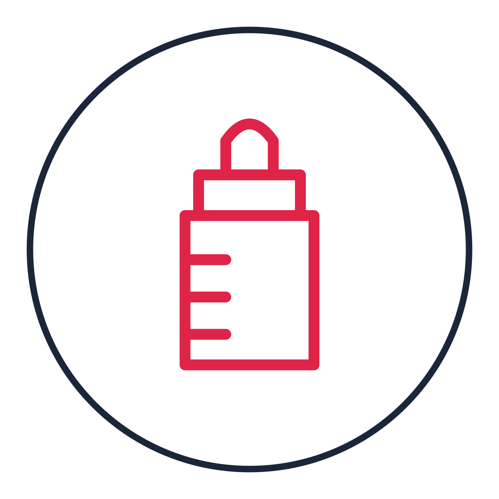 Baby feeding bottle drawn as a medallion icon with clean rounded lines.