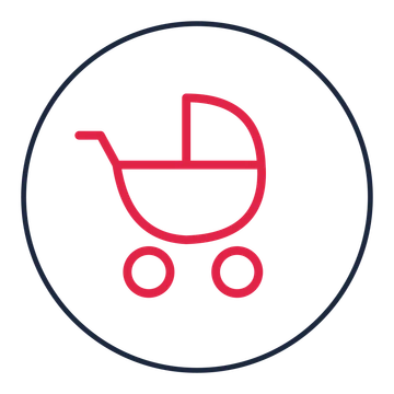 Baby carriage drawn as a medallion icon with clean rounded lines.