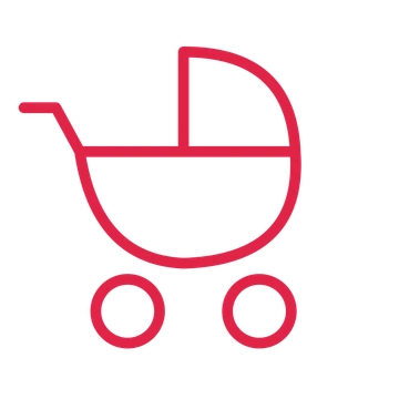Baby carriage drawn as an outline icon with clean rounded lines.
