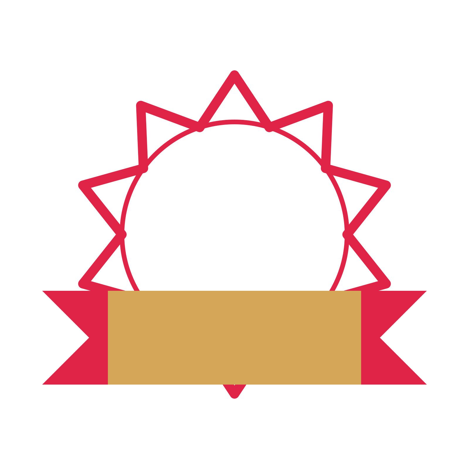 An open 10-point badge with deep scallops, with a folded ribbon.