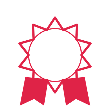 An open 10-point badge with deep scallops, with a split ribbon.