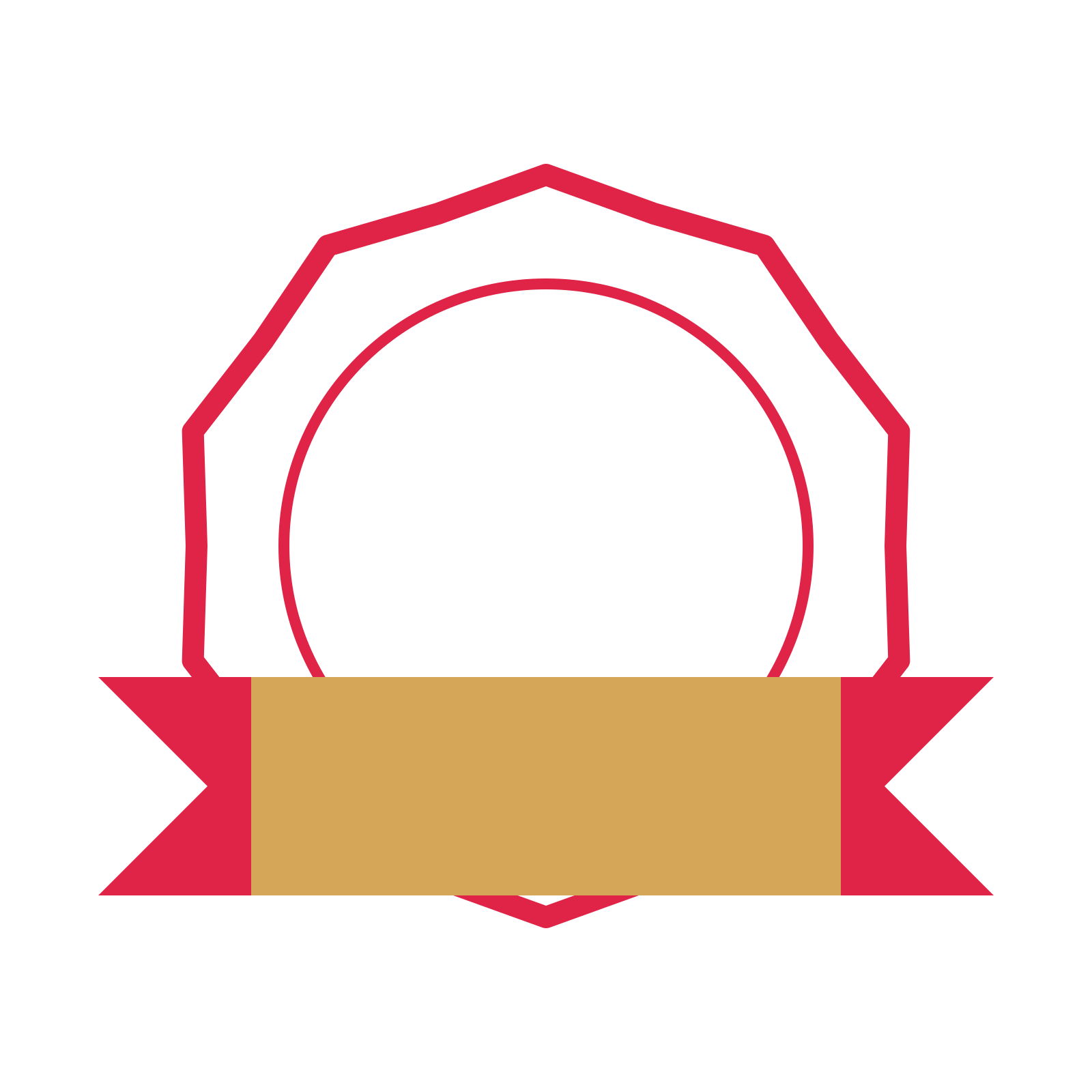 An open 10-point badge with shallow scallops, with a folded ribbon.