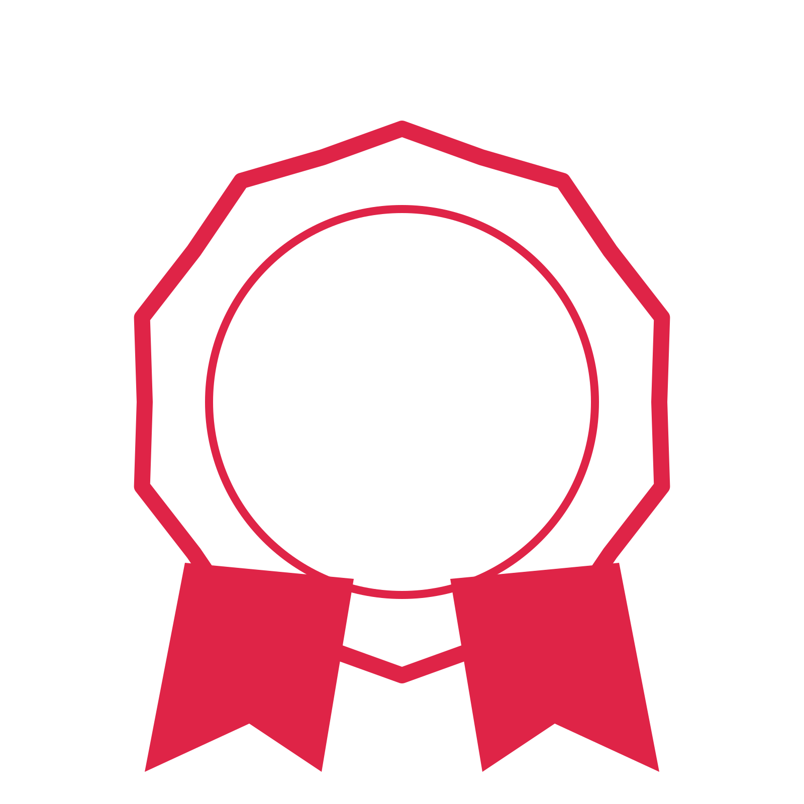 An open 10-point badge with shallow scallops, with a split ribbon.