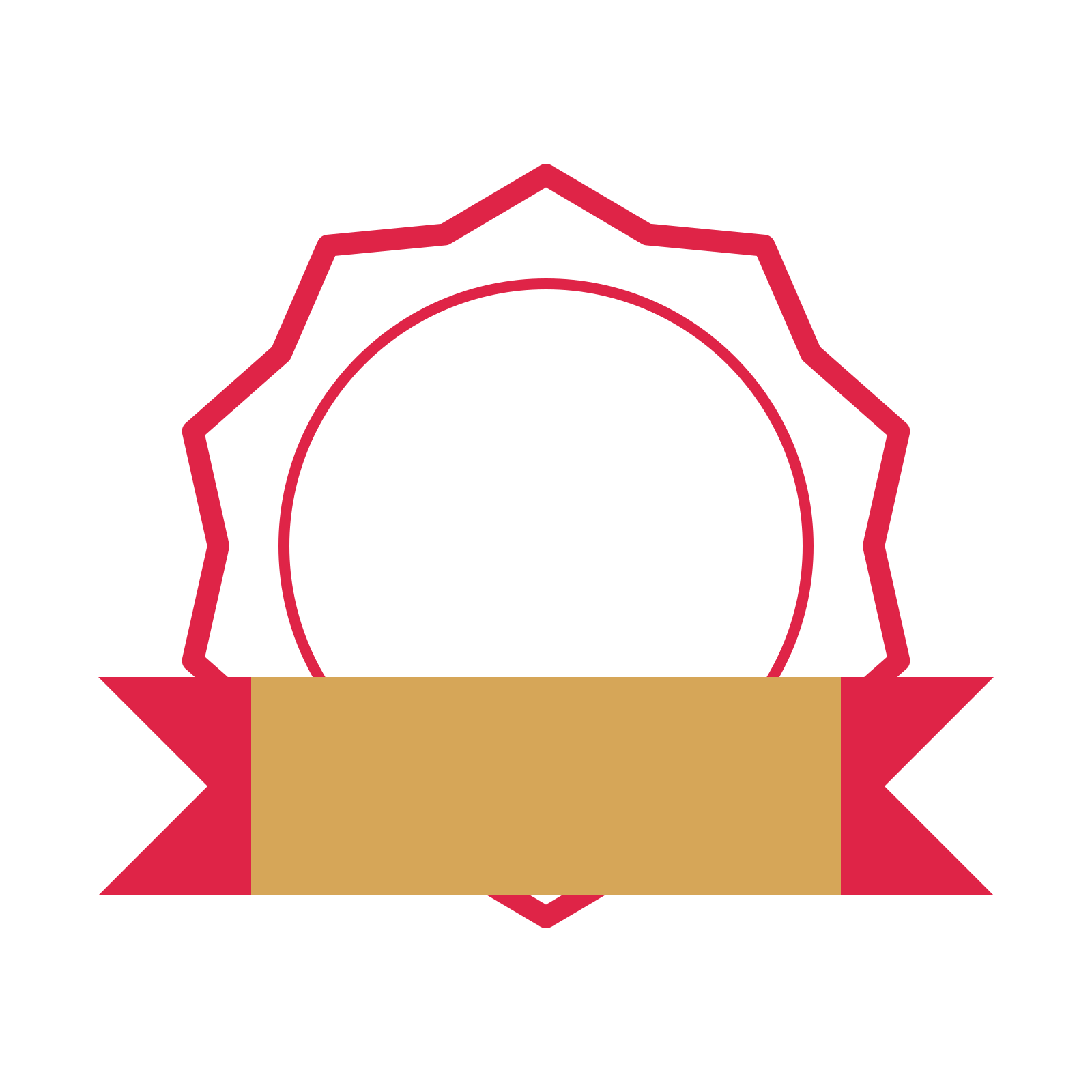An open 10-point badge with soft scallops, with a folded ribbon.