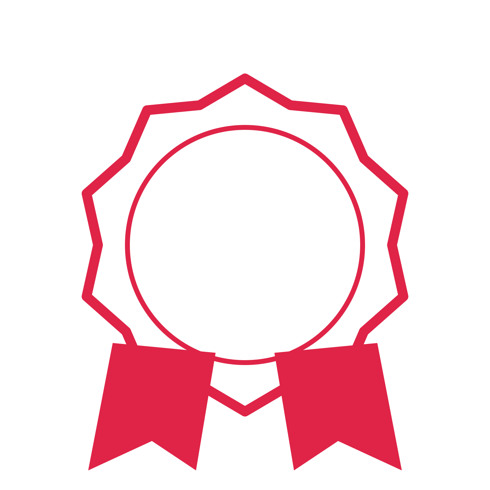 An open 10-point badge with soft scallops, with a split ribbon.