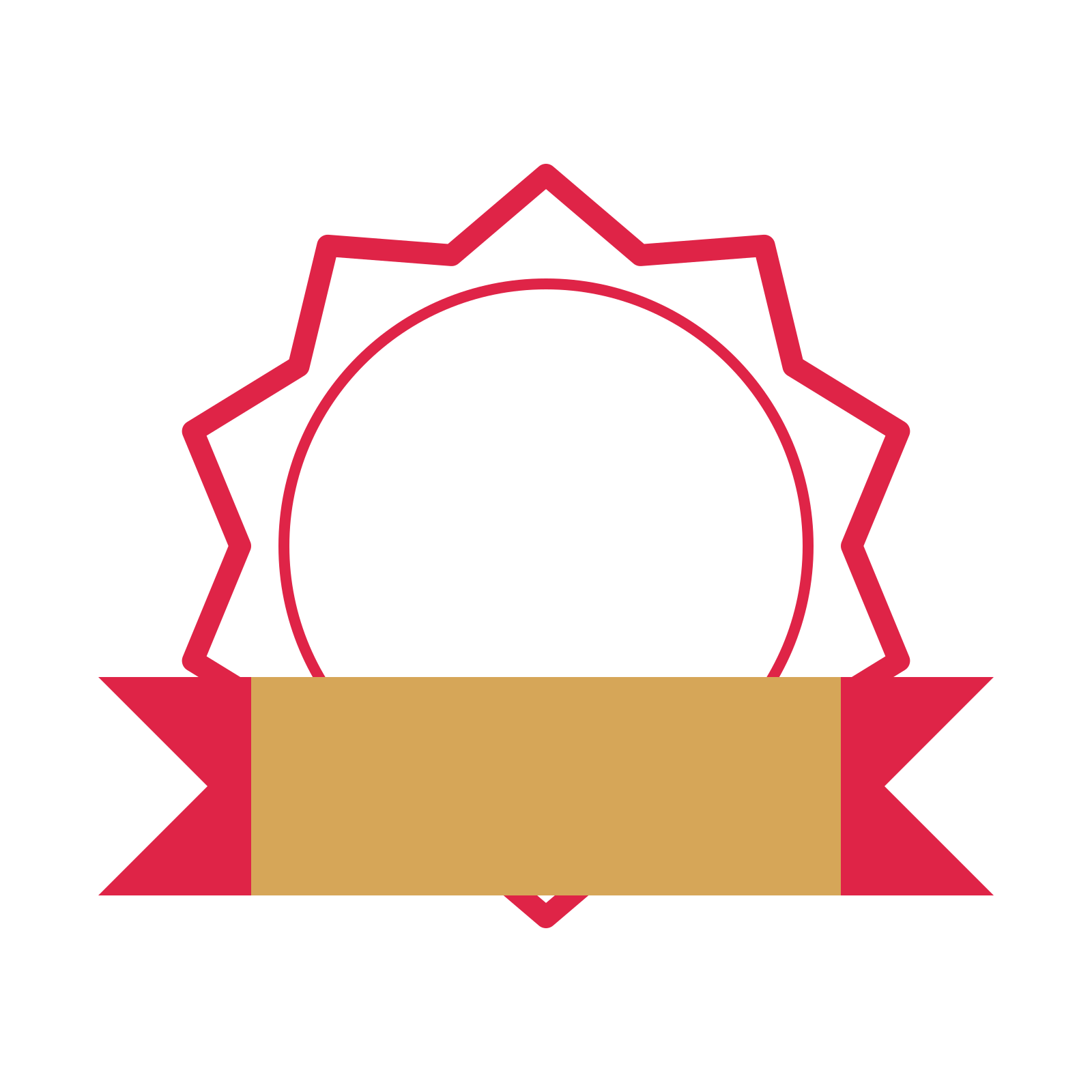 An open 10-point badge with classic scallops, with a folded ribbon.