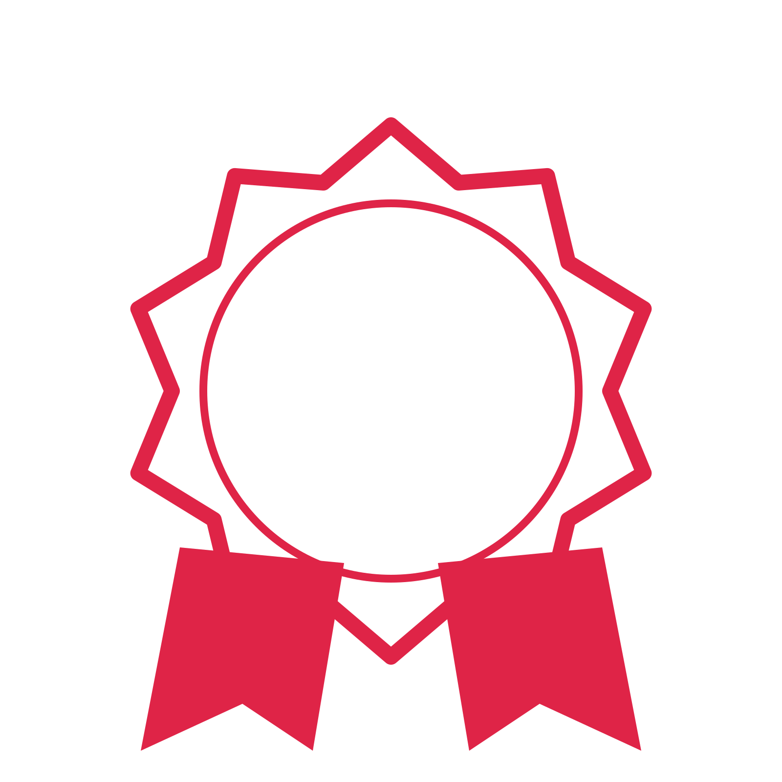An open 10-point badge with classic scallops, with a split ribbon.