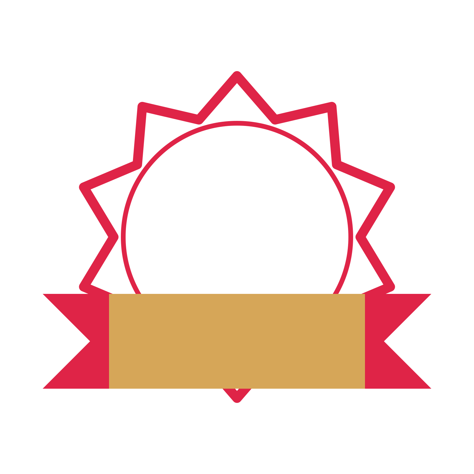 An open 10-point badge with pronounced scallops, with a folded ribbon.