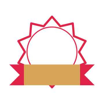 An open 10-point badge with pronounced scallops, with a folded ribbon.