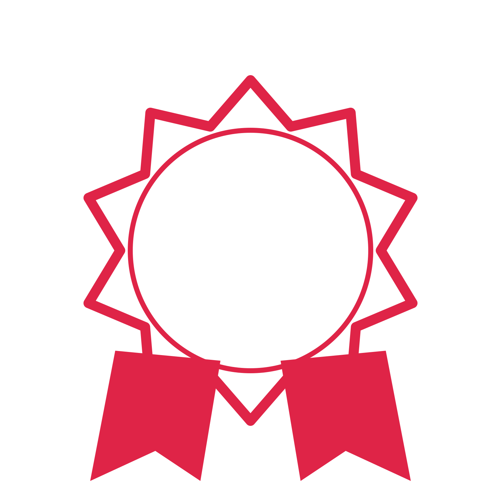 An open 10-point badge with pronounced scallops, with a split ribbon.