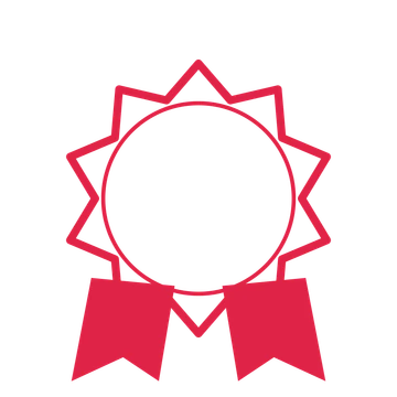 An open 10-point badge with pronounced scallops, with a split ribbon.
