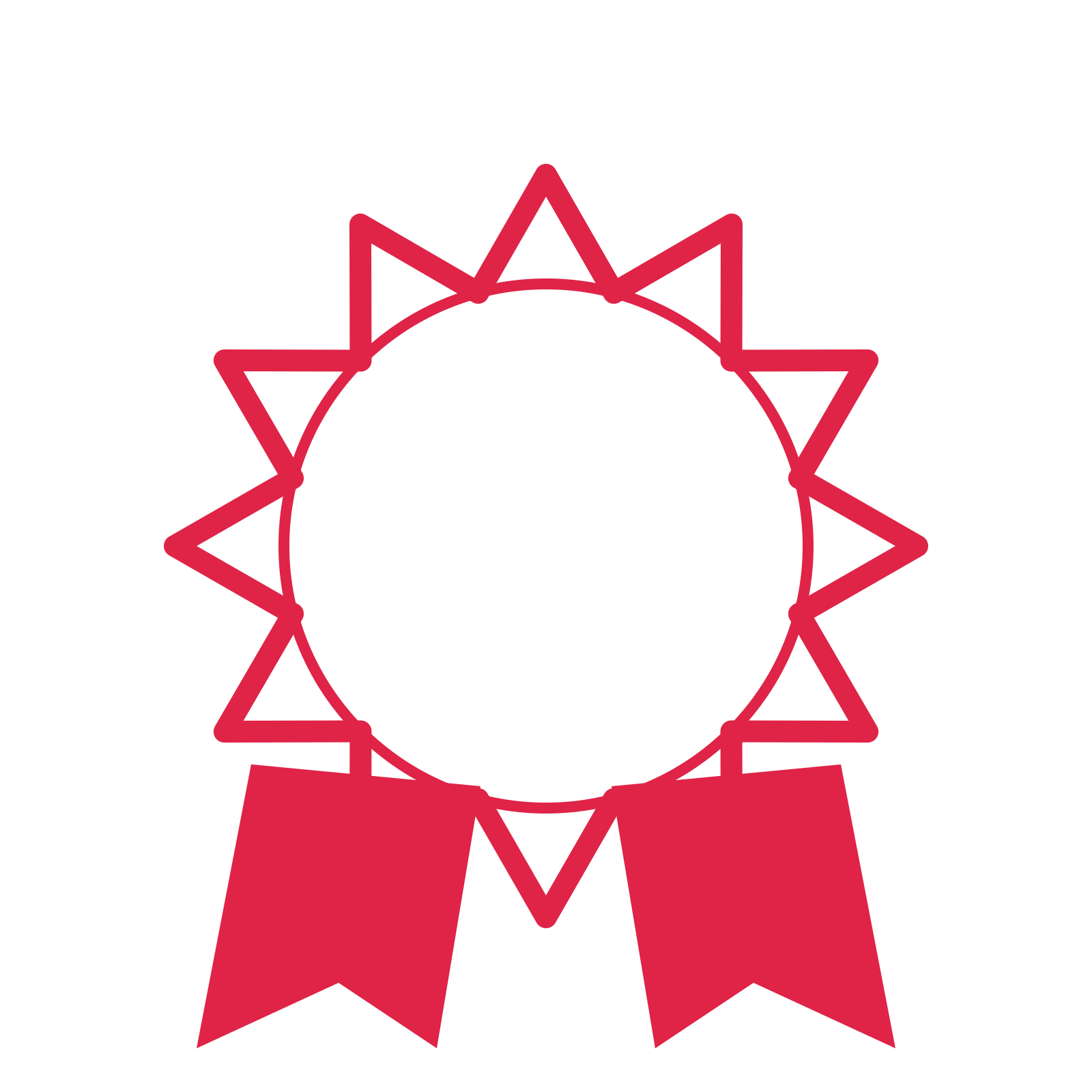 An open 12-point badge with deep scallops, with a split ribbon.