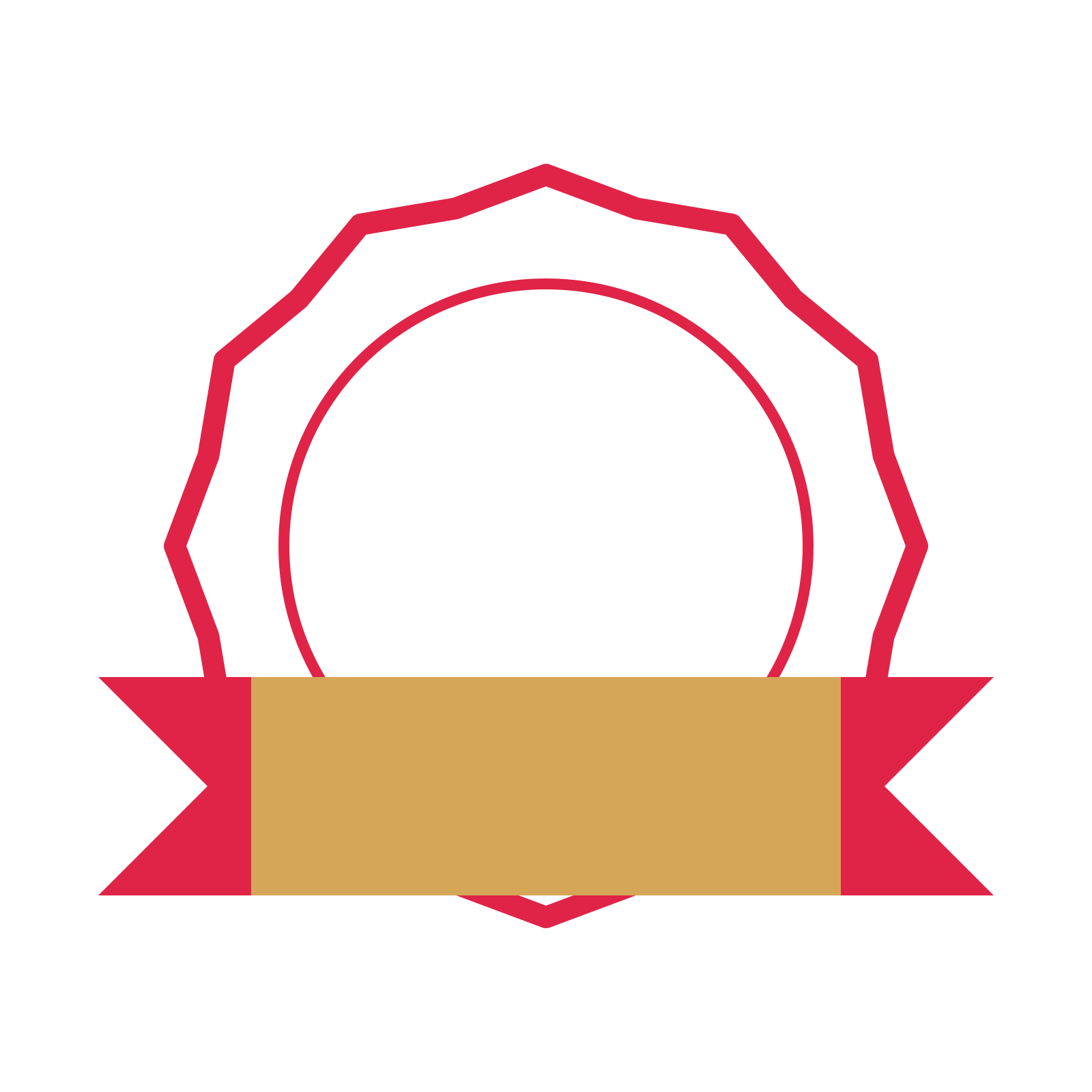 An open 12-point badge with shallow scallops, with a folded ribbon.