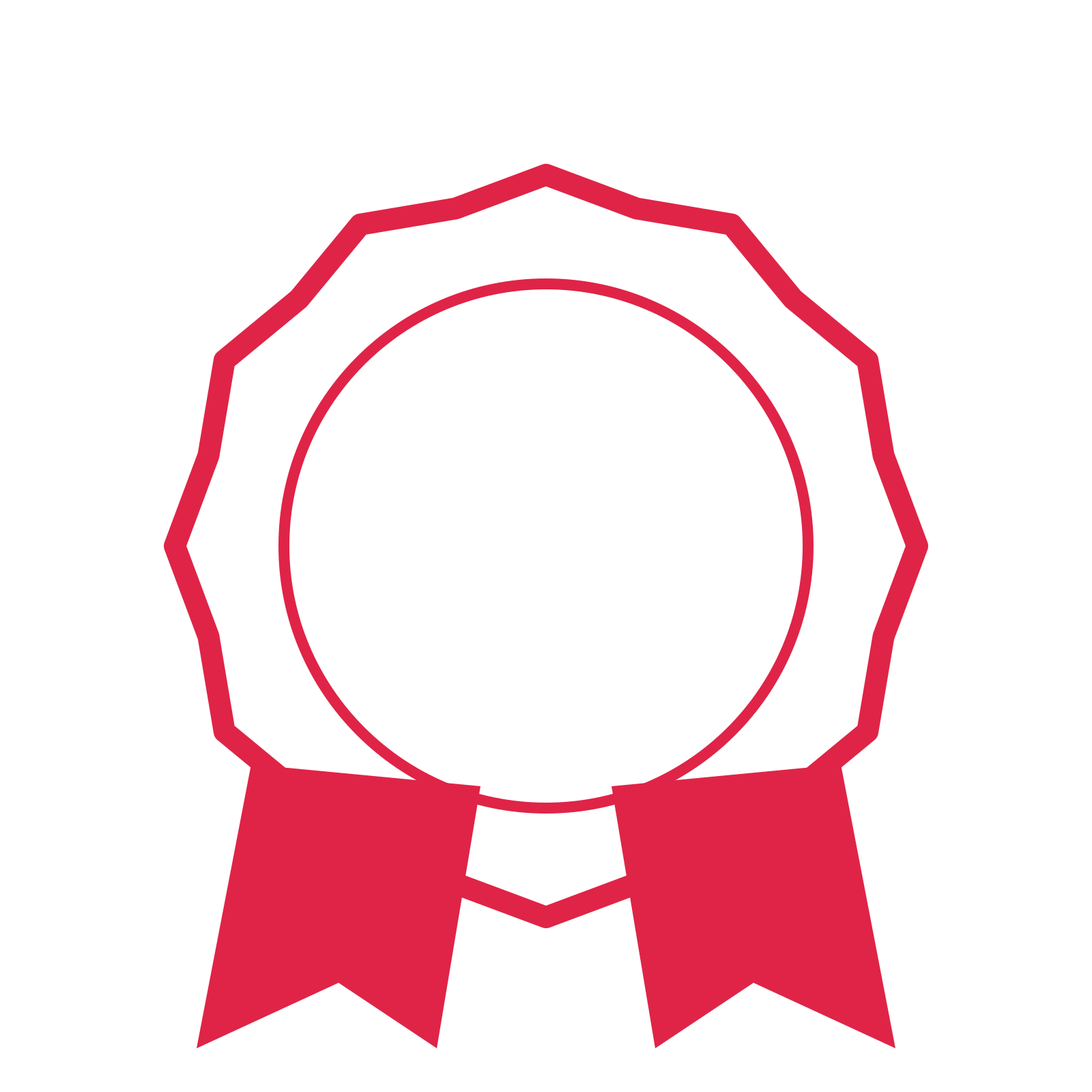 An open 12-point badge with shallow scallops, with a split ribbon.