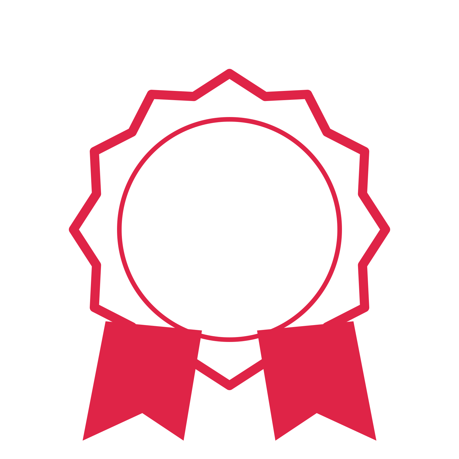 An open 12-point badge with soft scallops, with a split ribbon.
