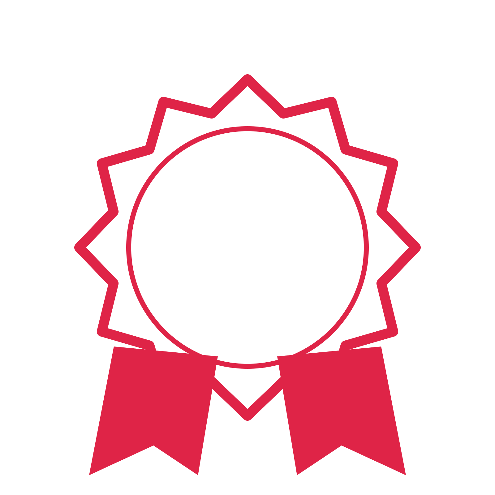 An open 12-point badge with classic scallops, with a split ribbon.