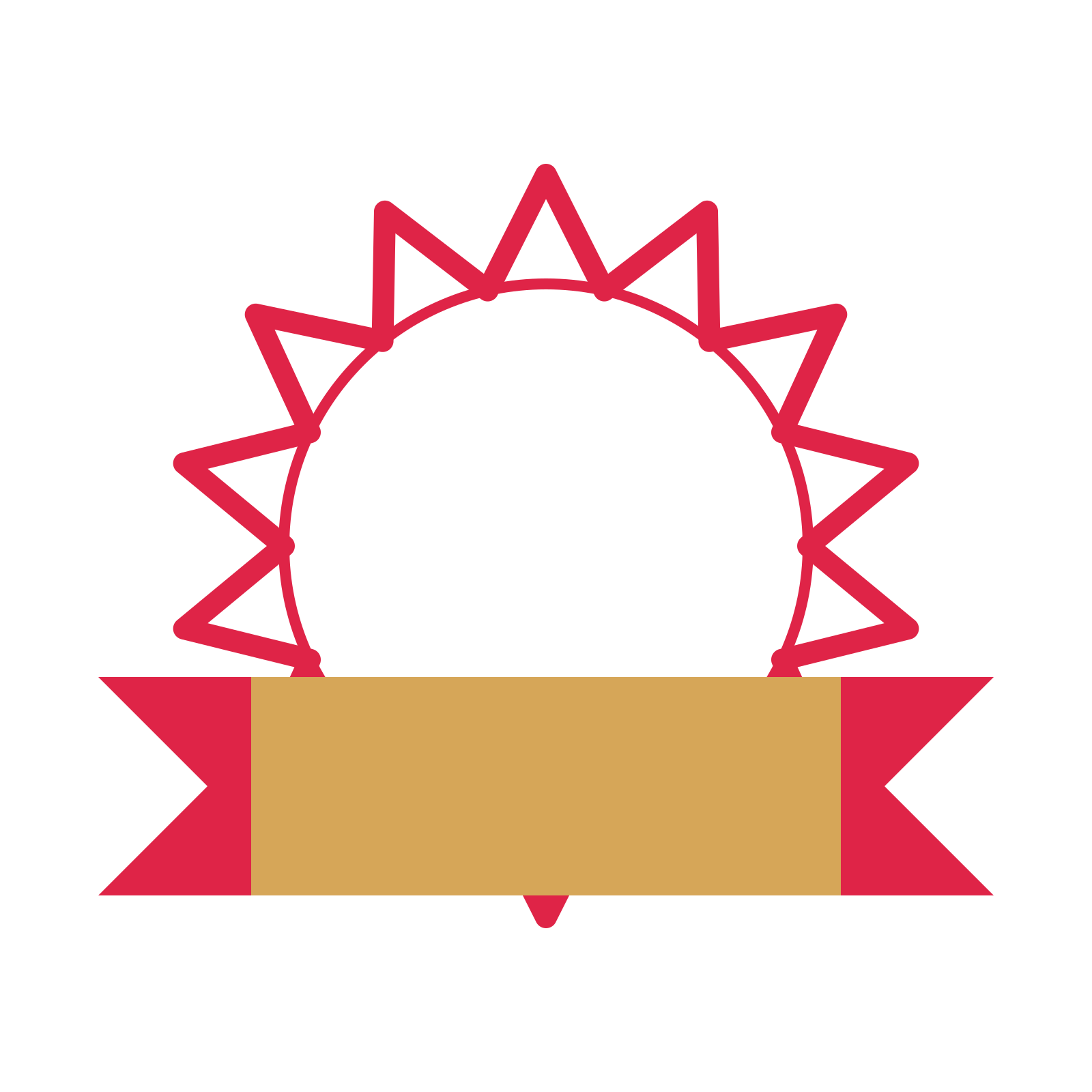 An open 14-point badge with deep scallops, with a folded ribbon.