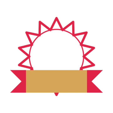 An open 14-point badge with deep scallops, with a folded ribbon.