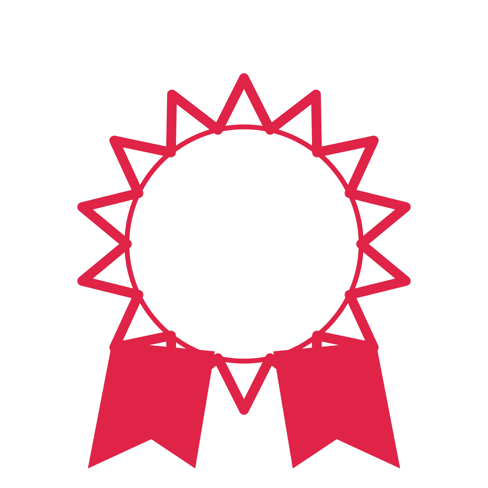 An open 14-point badge with deep scallops, with a split ribbon.