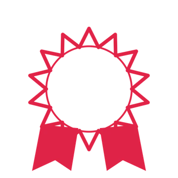 An open 14-point badge with deep scallops, with a split ribbon.