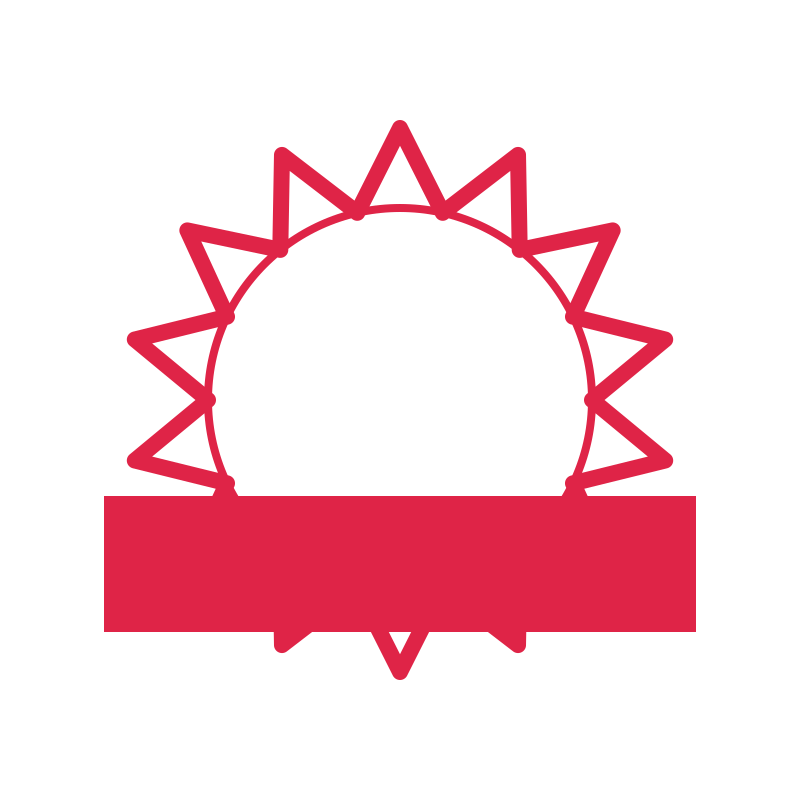 An open 14-point badge with deep scallops, with a straight ribbon.