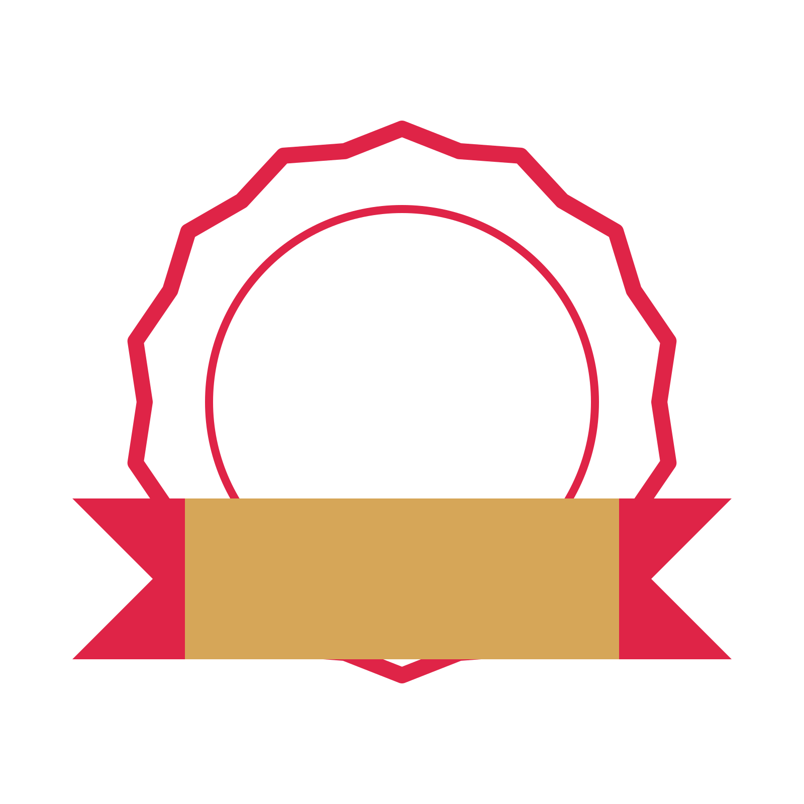 An open 14-point badge with shallow scallops, with a folded ribbon.
