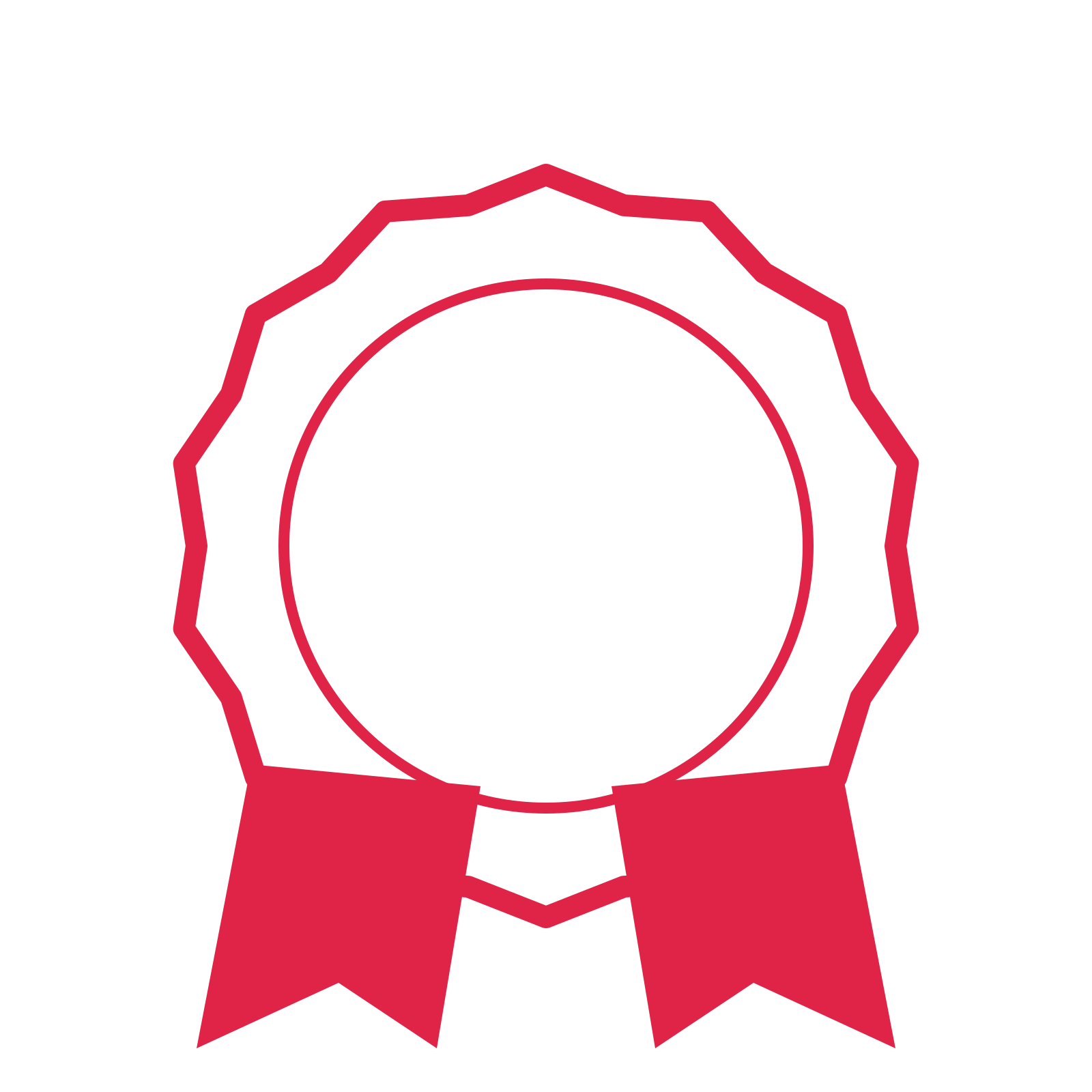 An open 14-point badge with shallow scallops, with a split ribbon.