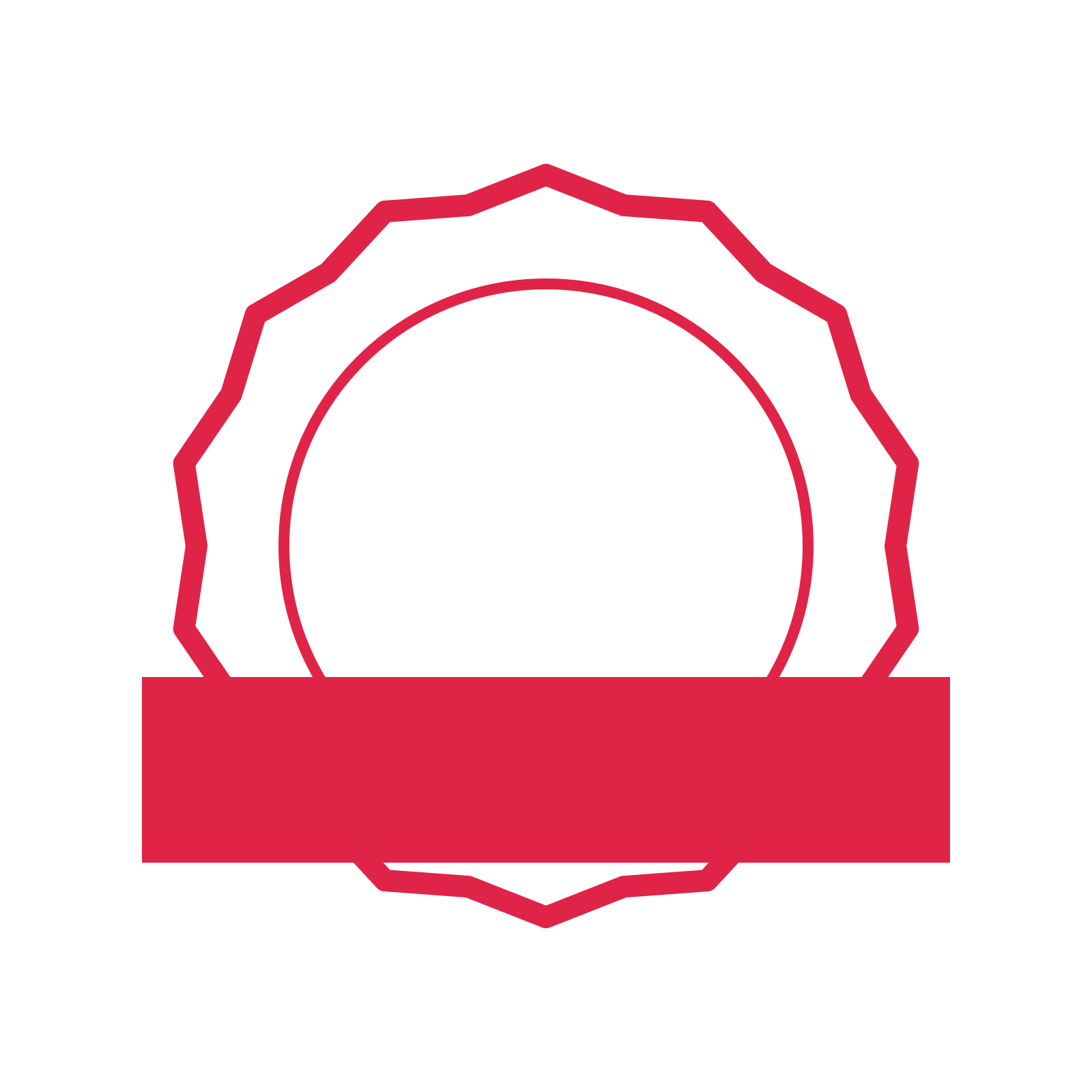 An open 14-point badge with shallow scallops, with a straight ribbon.