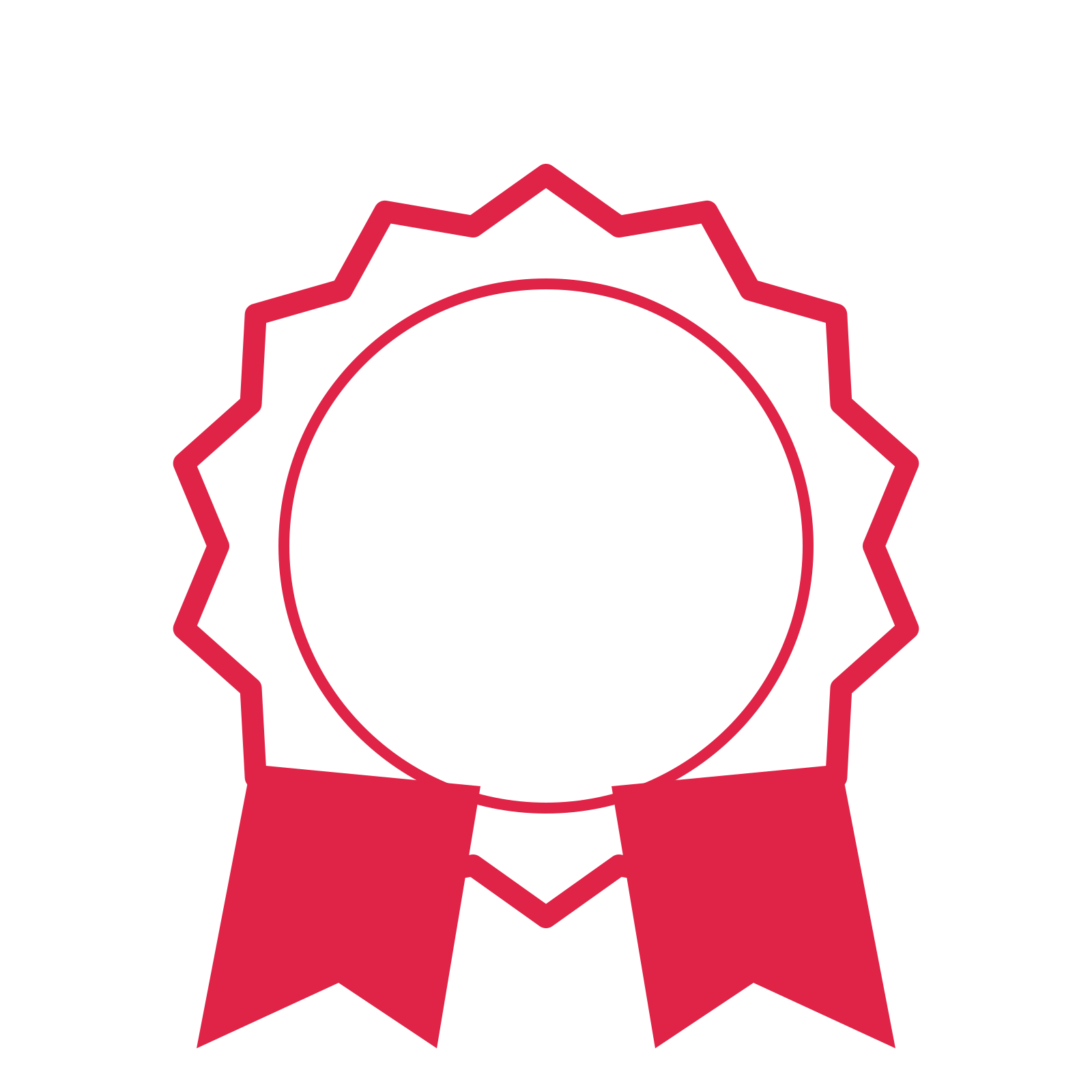 An open 14-point badge with soft scallops, with a split ribbon.