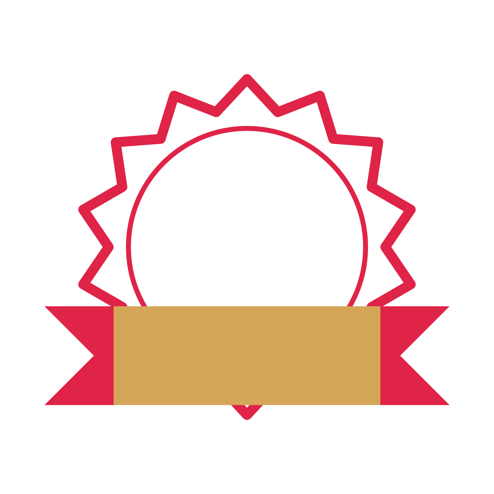 An open 14-point badge with classic scallops, with a folded ribbon.